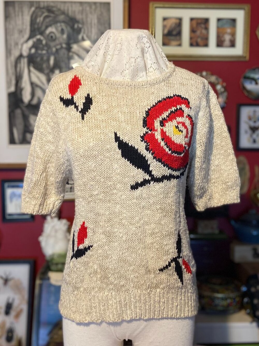 Vintage Cream with Roses Short Sleeve Sweater 80's to 90's Andrea Gayle Brand